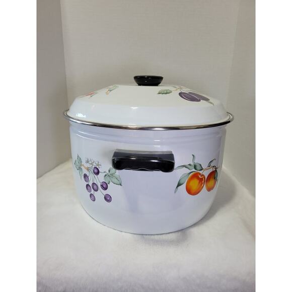 VINTAGE XL TABLETOPS UNLIMITED Stock Pot Porcelain Enamelware Fruit Theme - Picture 2 of 11